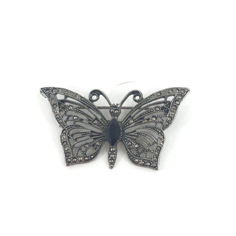 Vintage Butterfly Brooch Silver Tone with Black